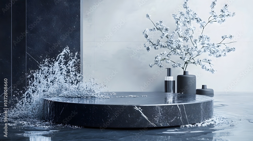 Poster create a serene atmosphere featuring a matte black stone podium with gentle water splashes envelopin