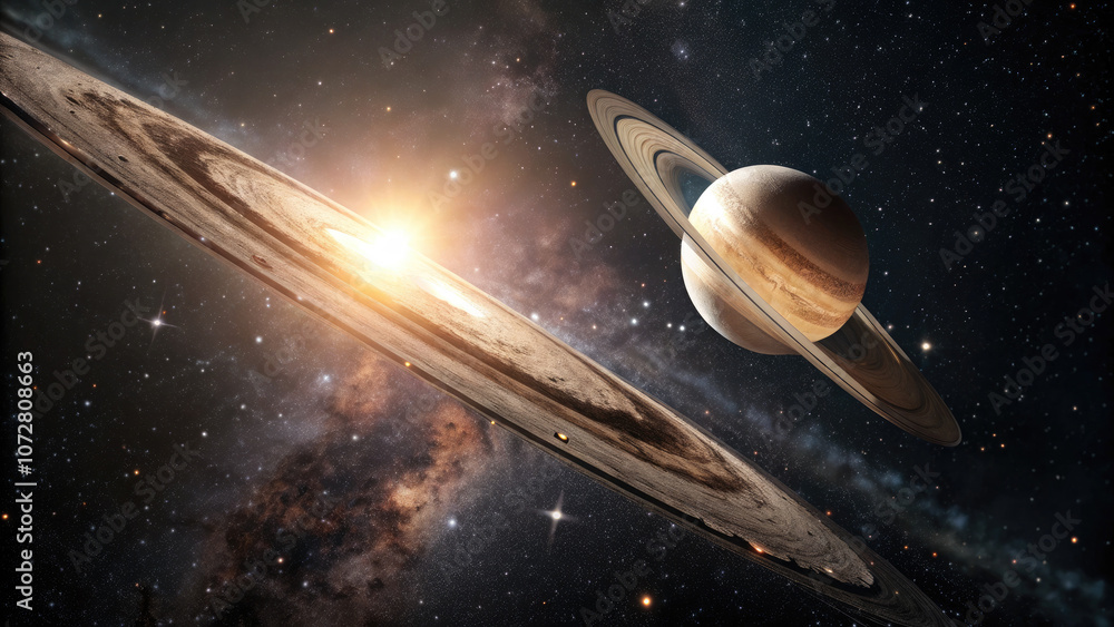 Wall mural close-up of glowing planet disk floating in space, serene beauty of the universe with ample copy spa