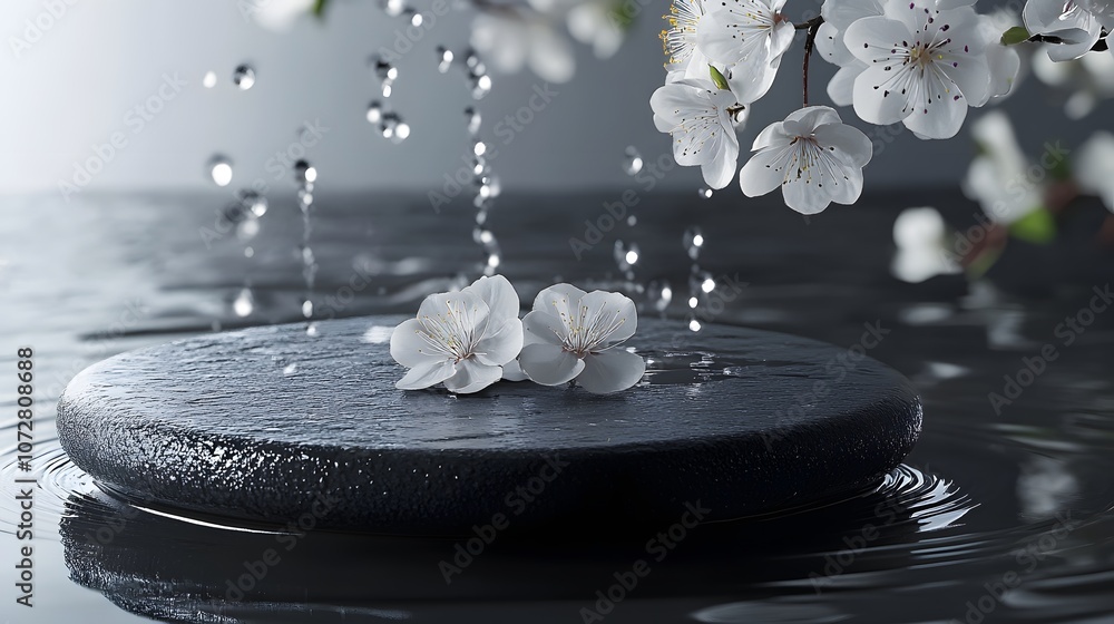 Poster create a serene atmosphere featuring a matte black stone podium with gentle water splashes envelopin