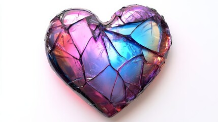 A broken glass heart with neon light reflecting off the cracks, symbolizing fragile and disappointed love.
