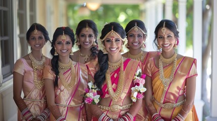 Indian bride in traditional Indian clothing with bridesmaids.