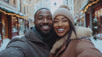 A Happy Interracial Couple Taking a Selfie in Winter