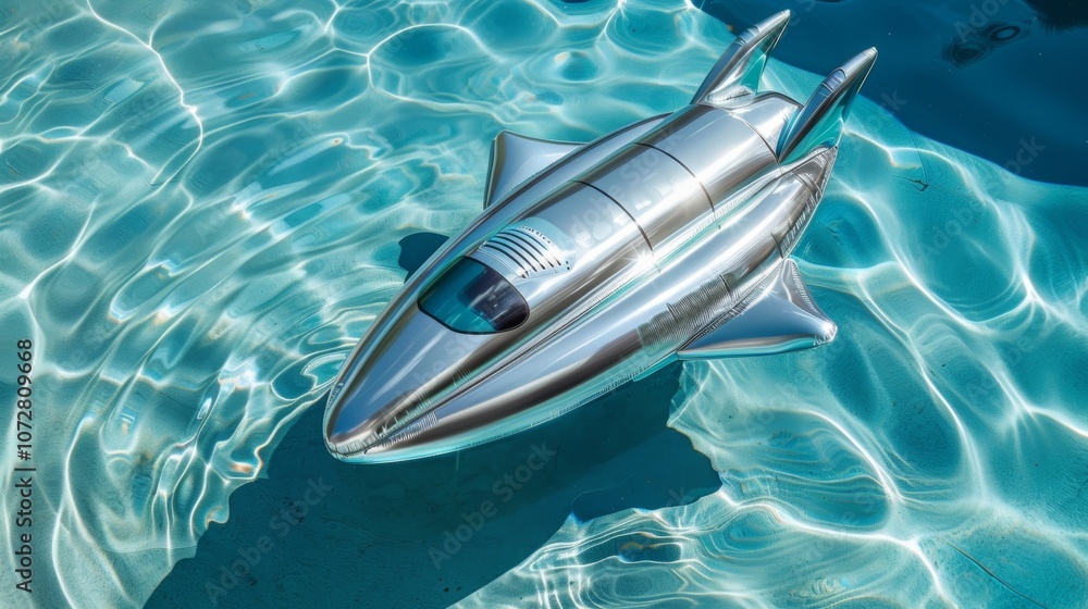 Poster a throwback pool float in the shape of a silver rocket ship with sleek curves and metallic accents e