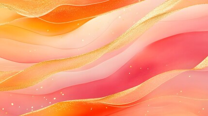 Design a luxurious background that mimics a vibrant sunset, incorporating deep oranges, warm reds, and soft pinks, accented with shimmering, grainy gold highlights. The warm colors and golden accents