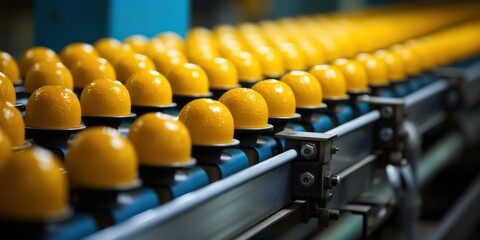A conveyor belt carrying a continuous stream of bright yellow orbs, signifying an efficient and automated process.