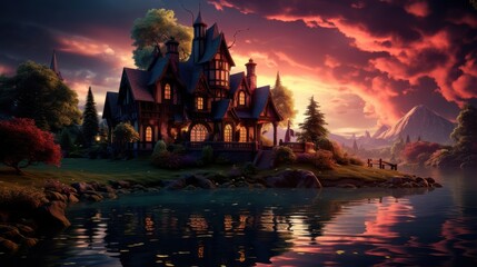 Fototapeta premium A Twilight Dream An Enchanting Manor Nestled on the Banks of a Serene Lake, Bathed in the Glow of a Dramatic Sunset