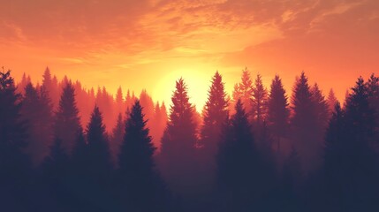 Obraz premium Silhouetted Forest Against a Vibrant Sunset Sky