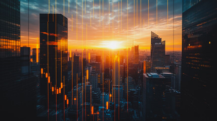 Obraz premium Smart digital Innovation Business skyscrapers in the Financial District with connection network reciprocity over the cityscape. of future smart wireless digital city and social media networking