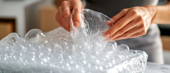 Person popping bubble wrap for fun and relaxation.