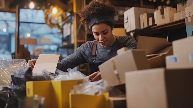 Woman organizing packages in a workspace.