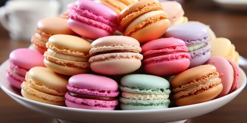 Obraz premium A Colorful Assortment of Delicate Macarons, Arranged in a Pyramid Shape on a White Pedestal Plate, Ready for a Sweet Treat