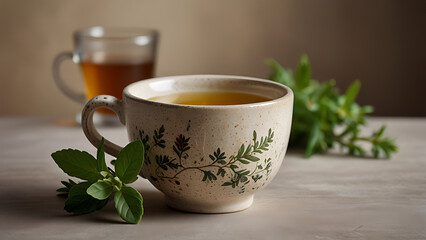 Fototapeta premium “Traditional Herbal Tea in a Ceramic Cup” – A Ceramic Cup of Herbal Tea with a Sprig of Herbs on a Neutral Background