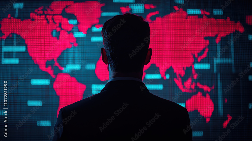 Poster a figure in a suit stands before a digital map, illuminated in red, suggesting themes of global moni