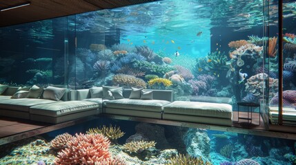 Crystal clear water vibrant coral and a sunken seating area in front of this living rooms aquarium create the ultimate underwater oasis perfect for relaxing and unwinding.