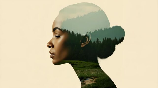 Double exposure portrait of woman with beautiful landscape. Mental health, meditation, love yourself and relax. International Mother Earth Day. Environmental problems and protection. Caring for nature