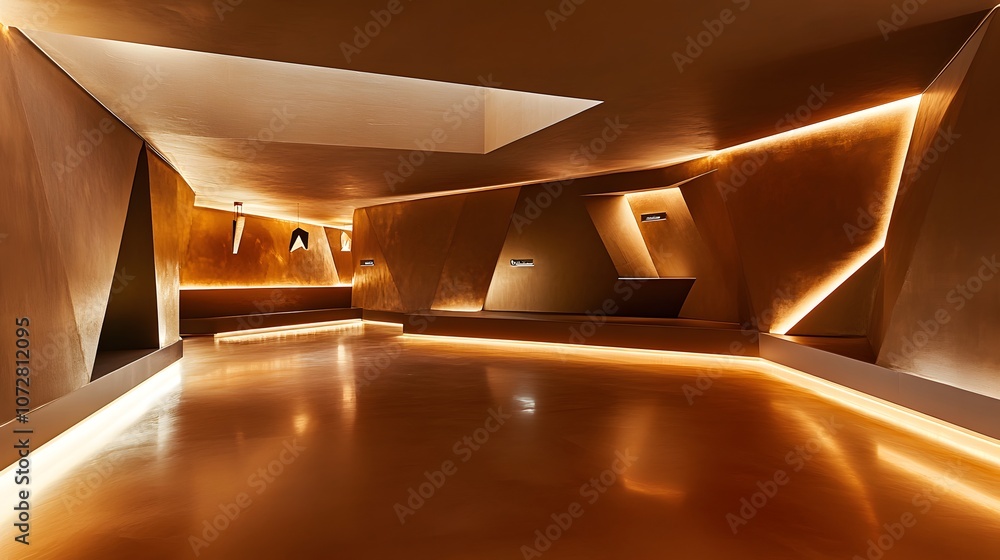 Poster design an empty geometrical room filled with rich chocolate hues, featuring angular walls and sleek 