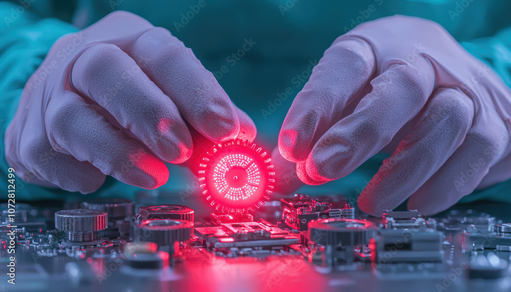 Aufkleber a close-up of gloved hands delicately manipulating a glowing component on a circuit board, showcasin