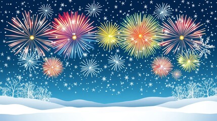 Serene New Year Celebration with Colorful Fireworks and Snowy Landscape