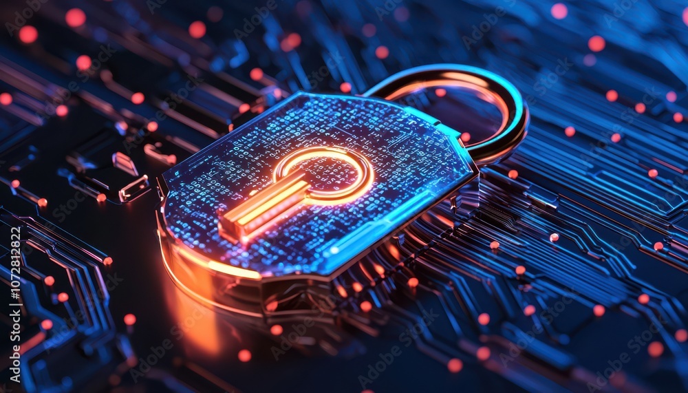 Aufkleber digital padlock symbolizing cybersecurity and data protection on a circuit board.