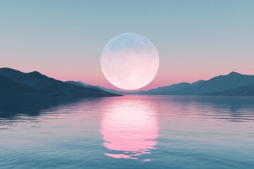 A huge, round, glowing moon in the sky over calm water with reflections and mountains on the horizon. 