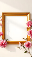 Empty white blank mockup with soft floral shadows in gold frame on beige background. Flat lay, top view. copy space isolated with white highlights, png