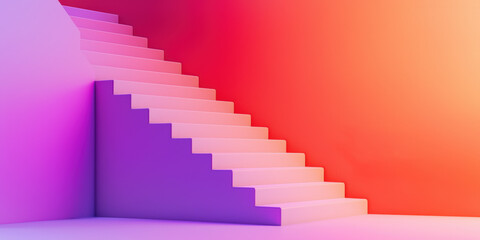 Obraz premium A modern staircase ascends against a vibrant gradient background, blending pink and orange hues in a visually striking geometric design.
