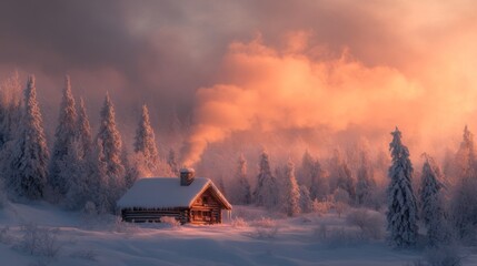 A Cozy Log Cabin in a Snowy Forest at Sunset