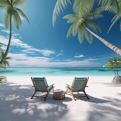 A serene beach scene with two lounge chairs facing the ocean under palm trees.