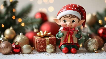 Cheerful elf sits among christmas gifts and ornaments