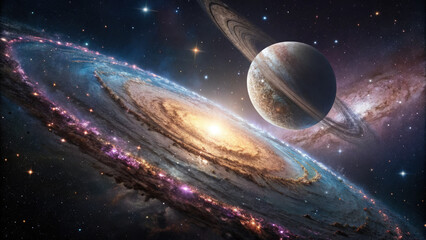 Massive Planet with Glowing Rings, Translucent Beauty in Cosmic Space.
