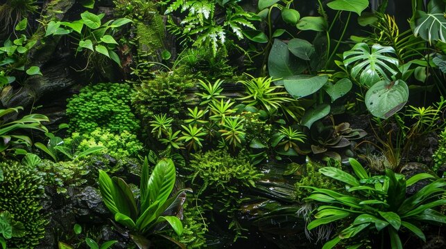A verdant vivarium with a diverse array of aquatic and land plants creating layers of texture and color throughout the lush environment.