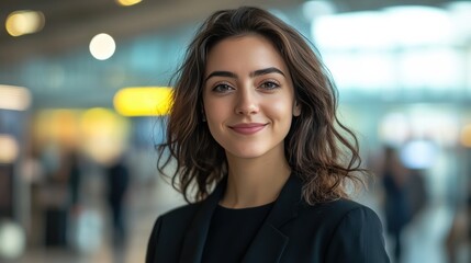 Obraz premium Confident Young Woman in Business Attire at Airport Terminal