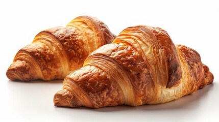 Two golden brown croissants, freshly baked, isolated on a white background.