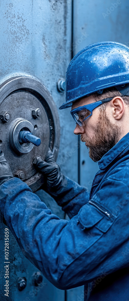 Poster a focused worker in a blue helmet and gloves is operating a large mechanical valve, showcasing craft