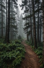 Fototapeta premium footpath in the woods with fog around