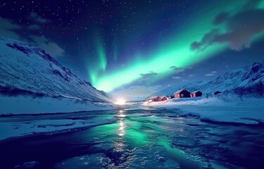 Fototapeta premium A breathtaking view of the Northern Lights over Reine, Norway, with mountains and houses in the foreground.