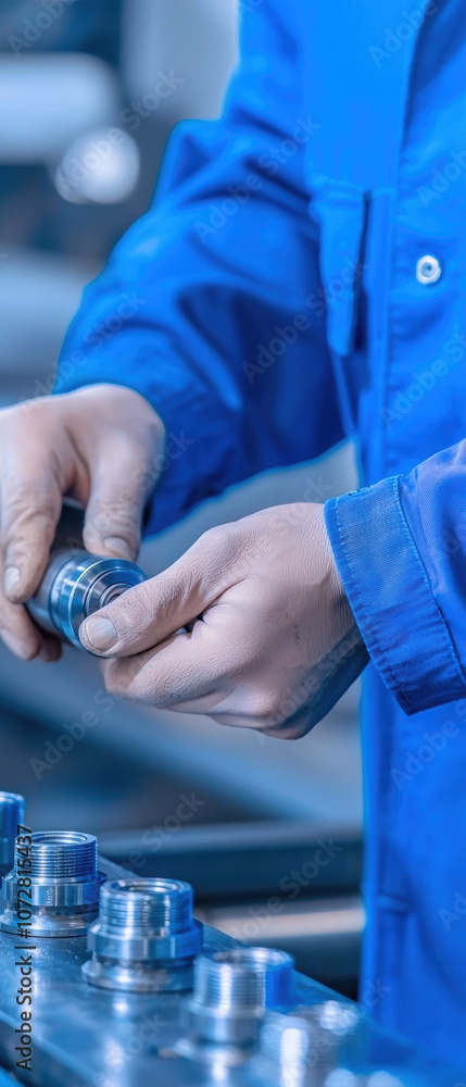 Poster a worker in a blue uniform examines and assembles metallic components in a manufacturing setting, fo