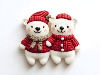 Fototapeta premium Cute Christmas bear friends polymer clay winter brooch on white background
