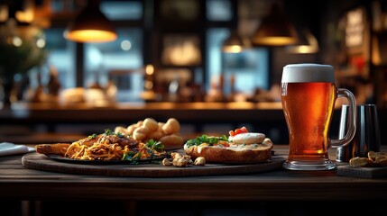 Cozy Pub Interior with Dim Lighting and Food Setup