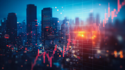 Smart digital Innovation Business skyscrapers in the Financial District with connection network reciprocity over the cityscape. of future smart wireless digital city and social media networking 