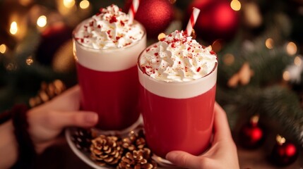 Two Red Velvet Hot Chocolate Drinks with Whipped Cream and Sprinkles