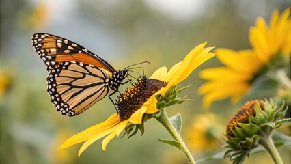 Obraz premium Close-up of Butterfly Landing on a Sunflower, botanical, garden