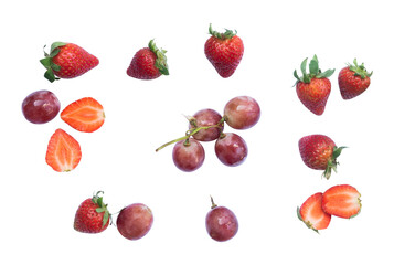 set of slice strawberries and grapes isolated
