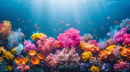 Obraz premium Vibrant coral reef teeming with life under a sunbeam.