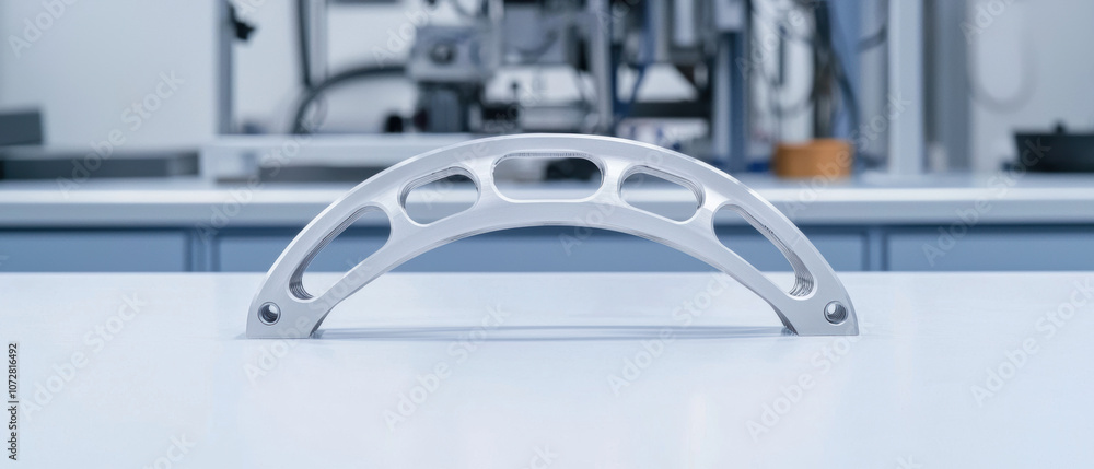 Poster a sleek, metallic arch-shaped component sits on a workbench, surrounded by a clean, modern laborator