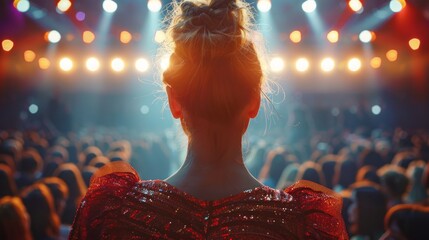Woman facing a crowd on stage with lights.