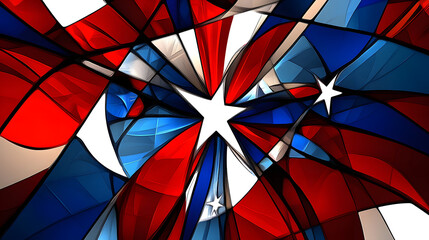 Abstract red and blue geometric shapes with white star motifs and artistic design.