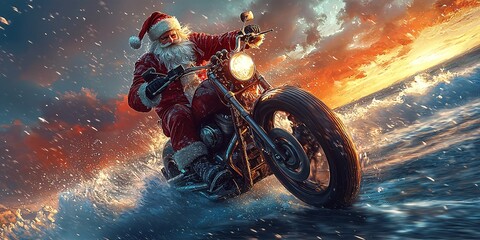 A whimsical Santa Claus speeding on a motorcycle over a turbulent ocean at sunset, perfect for adventurous holiday campaigns, winter events, and festive marketing.