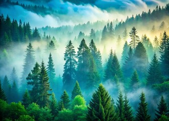 Fototapeta premium Serene Foggy Forest with Tall Evergreen Trees on a Cool Morning, Perfect for Nature Lovers and Tranquil Landscape Photography