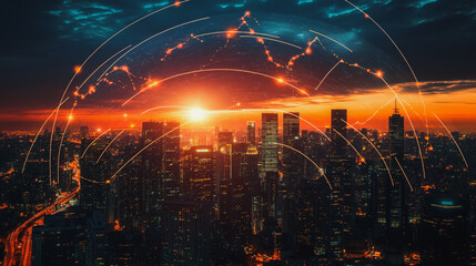 Fototapeta premium Smart digital Innovation Business skyscrapers in the Financial District with connection network reciprocity over the cityscape. of future smart wireless digital city and social media networking 